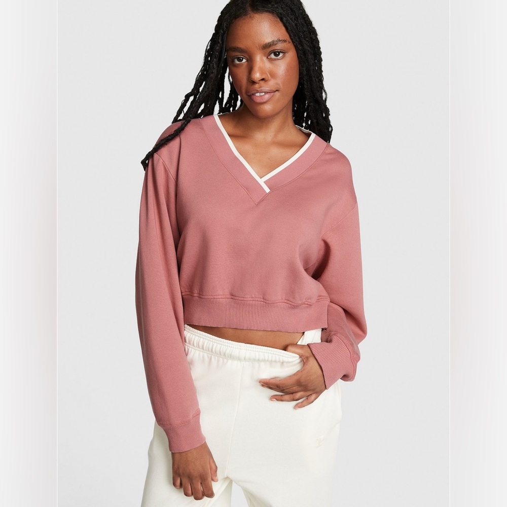 NWT PINK Victoria's Secret Premium Cropped Fleece V-Neck Pullover Size XL